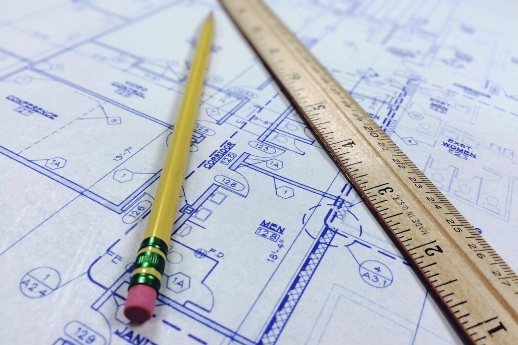Blueprint with a pencil and ruler