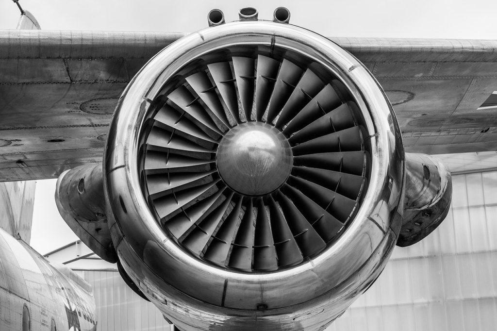 Aircraft gas turbine in black and white