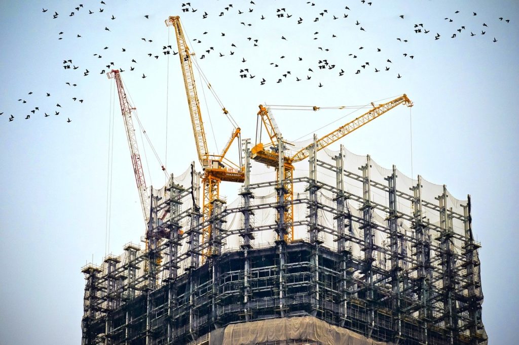 Building under construction with a flock of birds above it