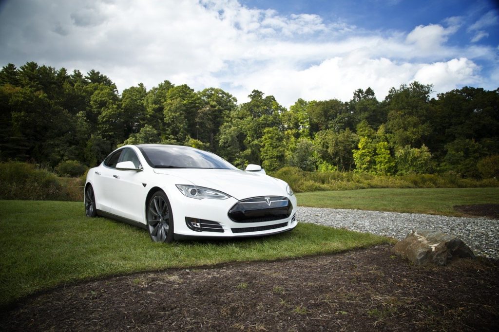 White Tesla parked in a field