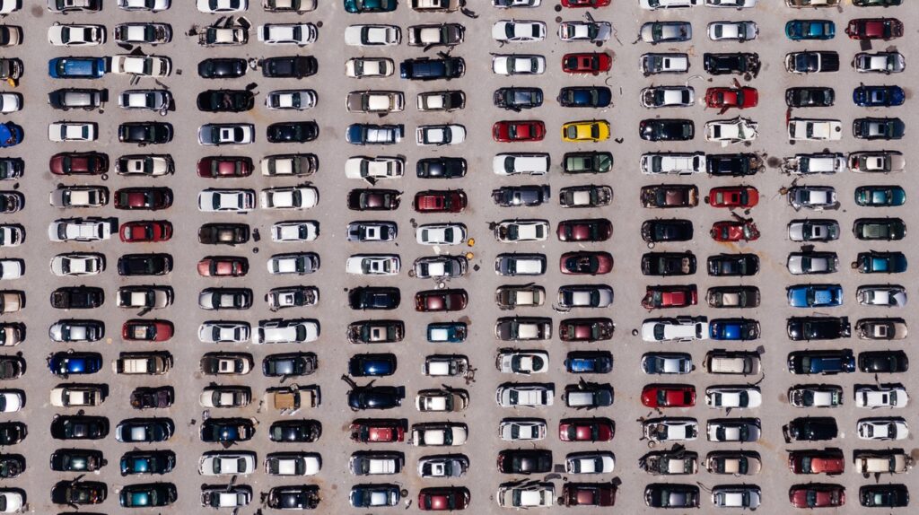 Aerial view of full parking lot