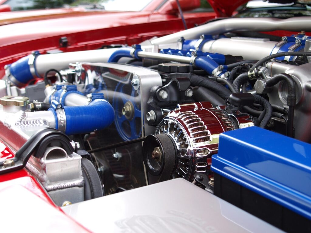 Blue silver red car engine