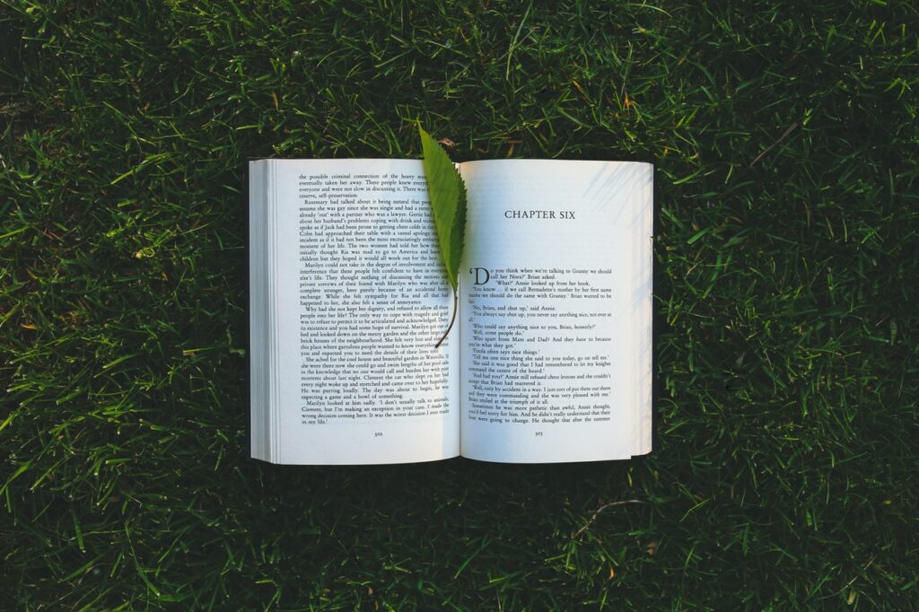 Book lying on grass with leaf on top